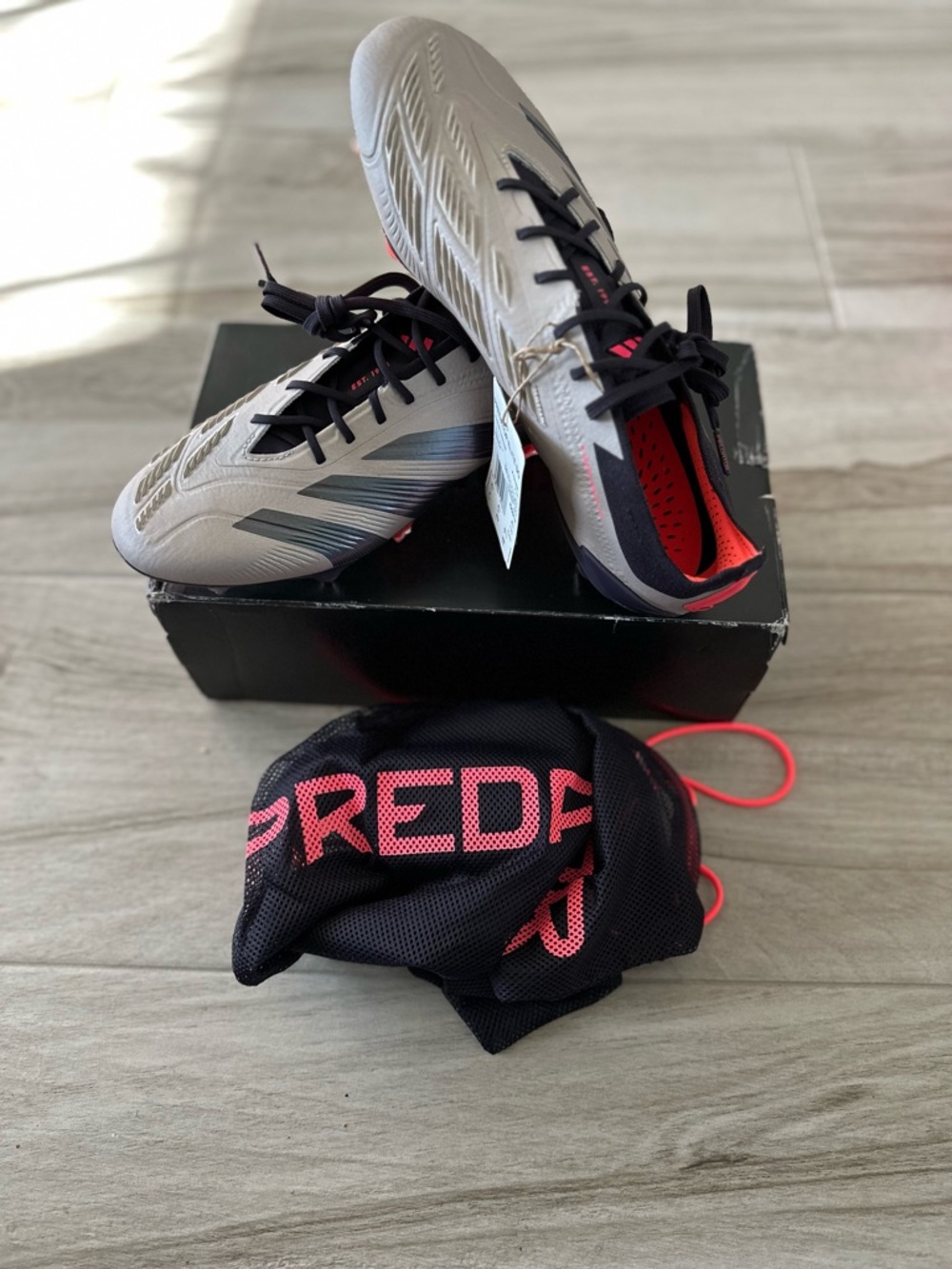 Adidas Predator Elite SG Football/Soccer Cleats in Light Gray with Black & Red